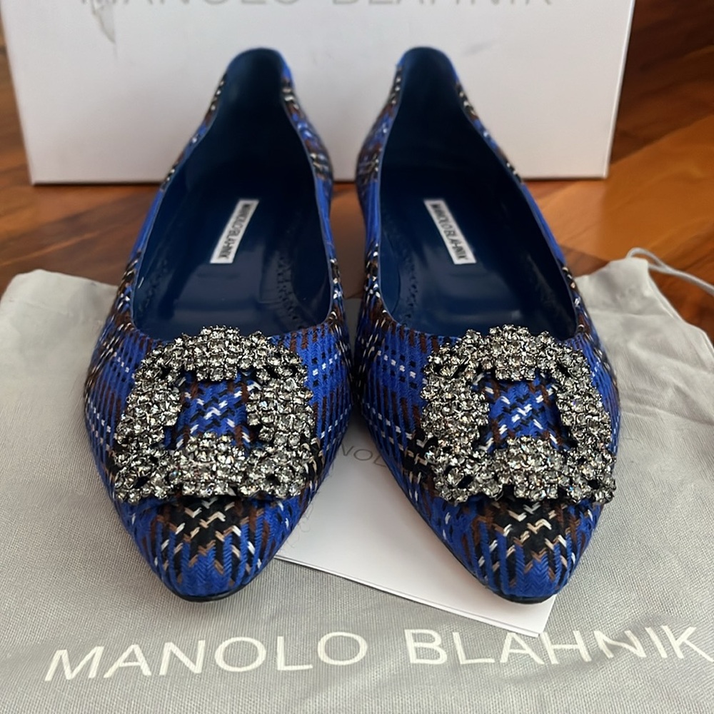Manolo blahnik Hangisi Chrystal Buckle Wool Flats, NEW - Picture 7 of 17